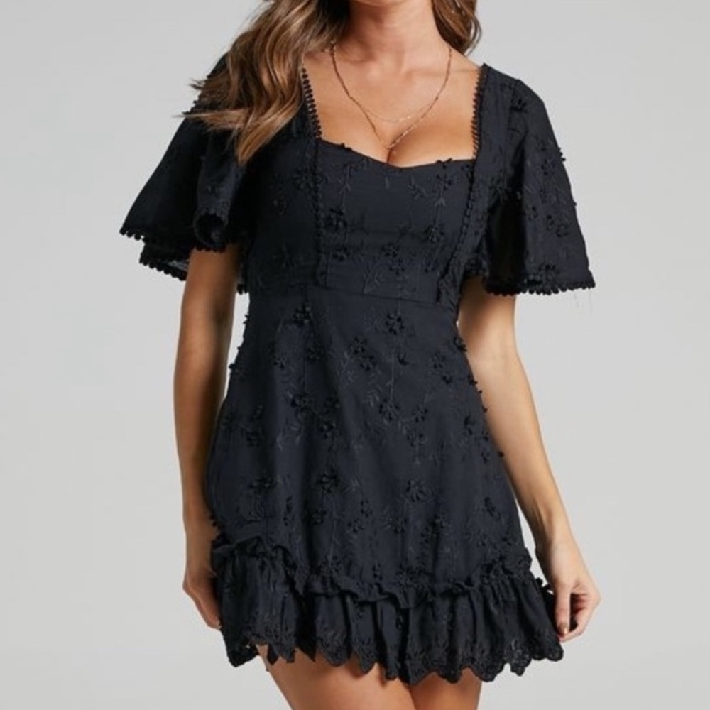 Showpo Fancy A Spritz Floral Embroidered Dress Ruffle Short Sleeve Black 6